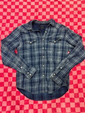 Lucky Brand Navy and White Plaid Button-Down Shirt With Pearl Snaps